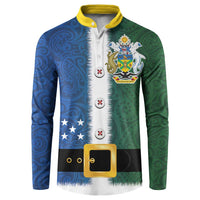 Solomon Islands Merry Christmas Button Sweatshirt Santa Suit Style With Melanesian Pattern LT03 Green - Polynesian Pride