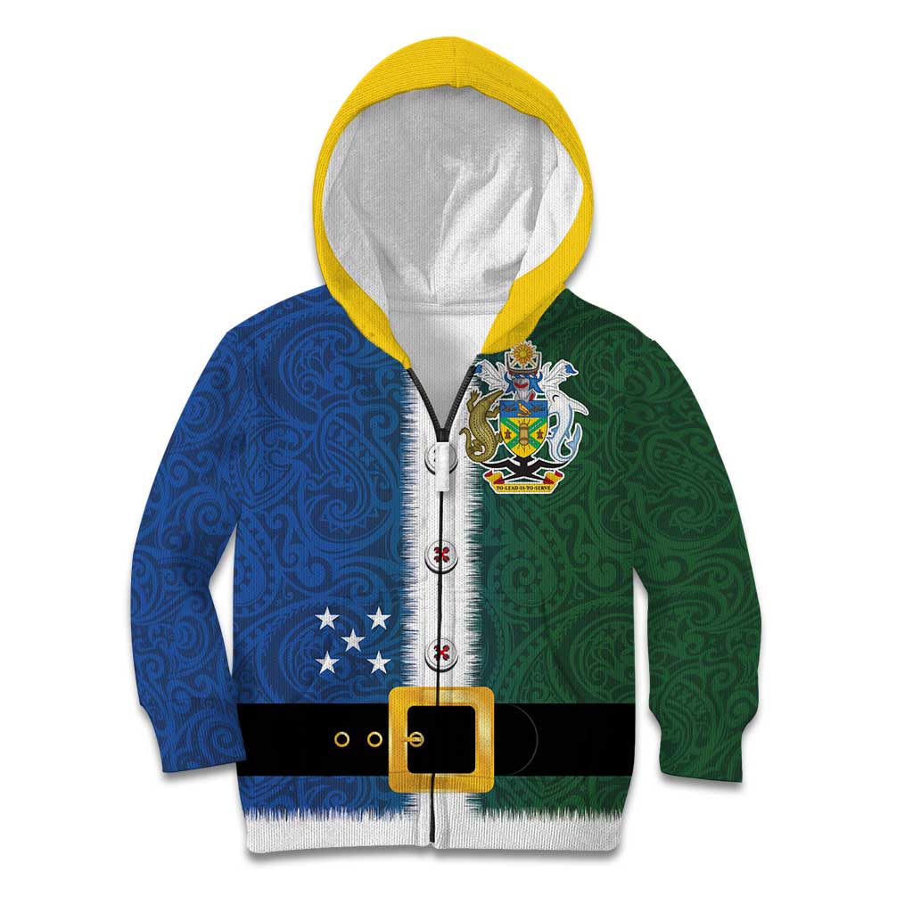 Solomon Islands Merry Christmas Kid Hoodie Santa Suit Style With Melanesian Pattern LT03 Zip Hoodie Green - Polynesian Pride