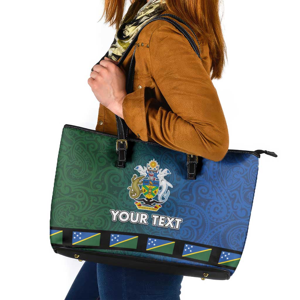 Solomon Islands Merry Christmas Leather Tote Bag Santa Suit Style With Melanesian Pattern LT03 Green - Polynesian Pride