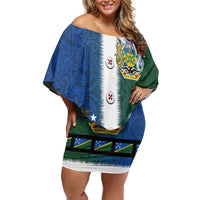 Solomon Islands Merry Christmas Off Shoulder Short Dress Santa Suit Style With Melanesian Pattern LT03 Women Green - Polynesian Pride