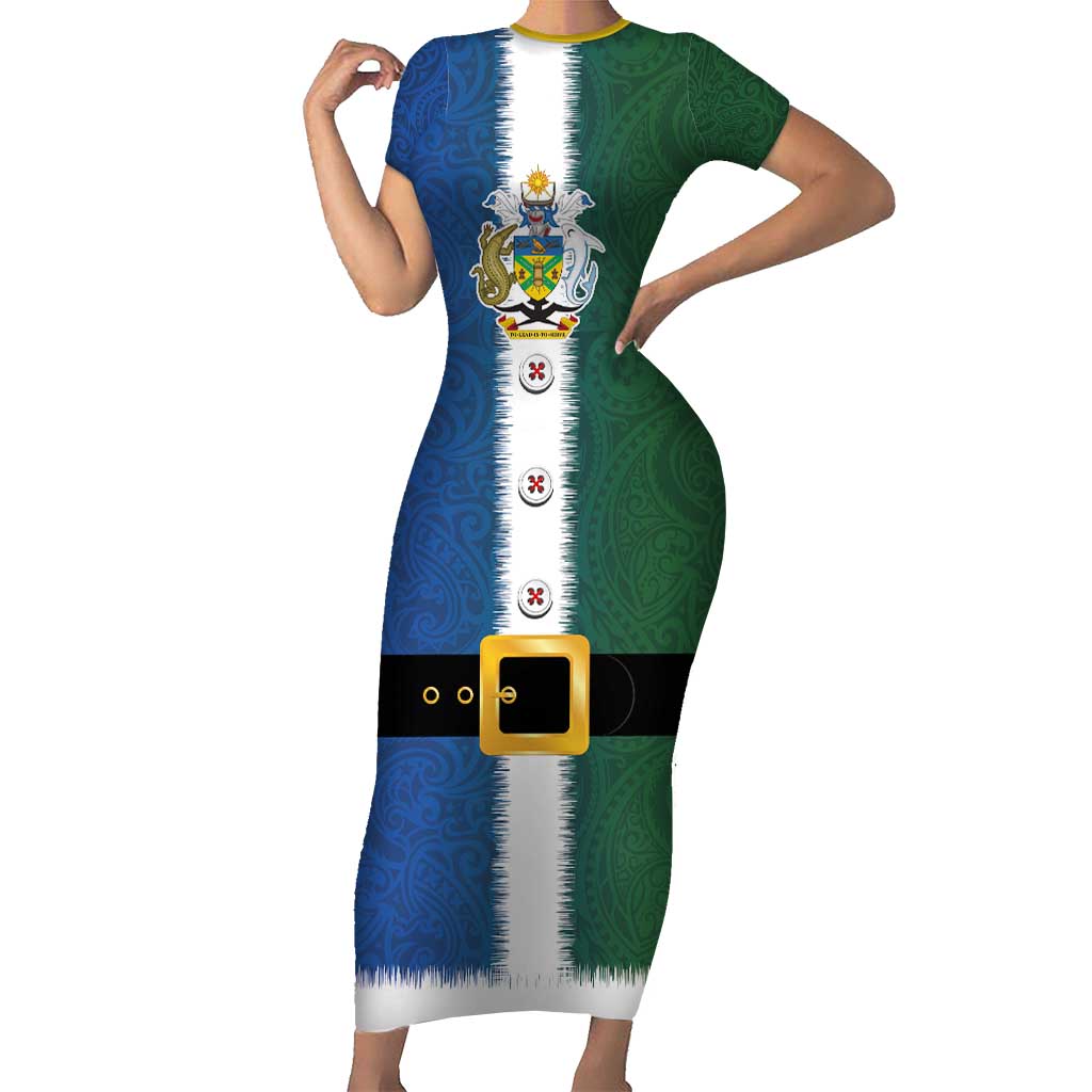 Solomon Islands Merry Christmas Short Sleeve Bodycon Dress Santa Suit Style With Melanesian Pattern LT03 Long Dress Green - Polynesian Pride