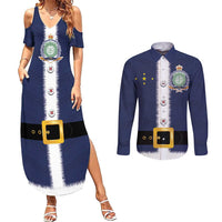 Niue Merry Christmas Couples Matching Summer Maxi Dress and Long Sleeve Button Shirt Santa Suit Style With Hiapo Pattern LT03 Blue - Polynesian Pride