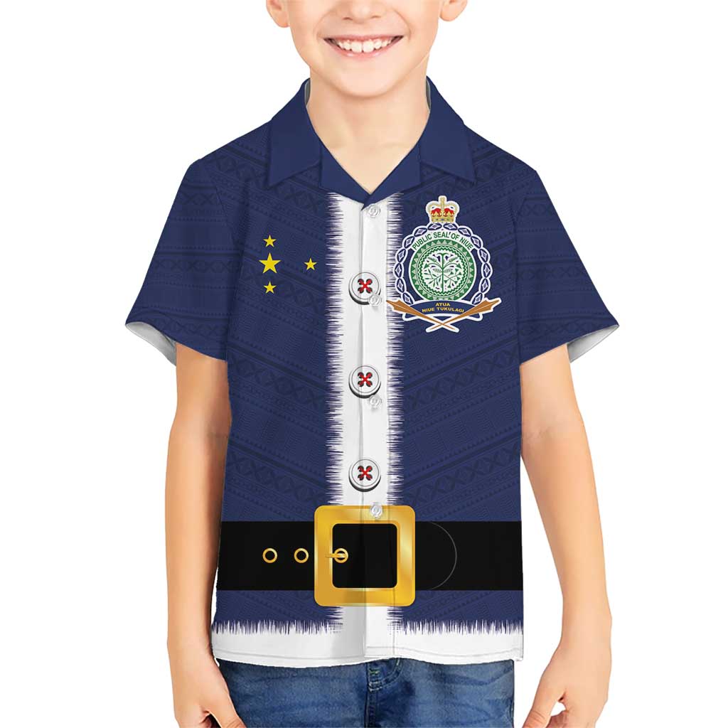 Niue Merry Christmas Kid Hawaiian Shirt Santa Suit Style With Hiapo Pattern LT03 Kid Blue - Polynesian Pride
