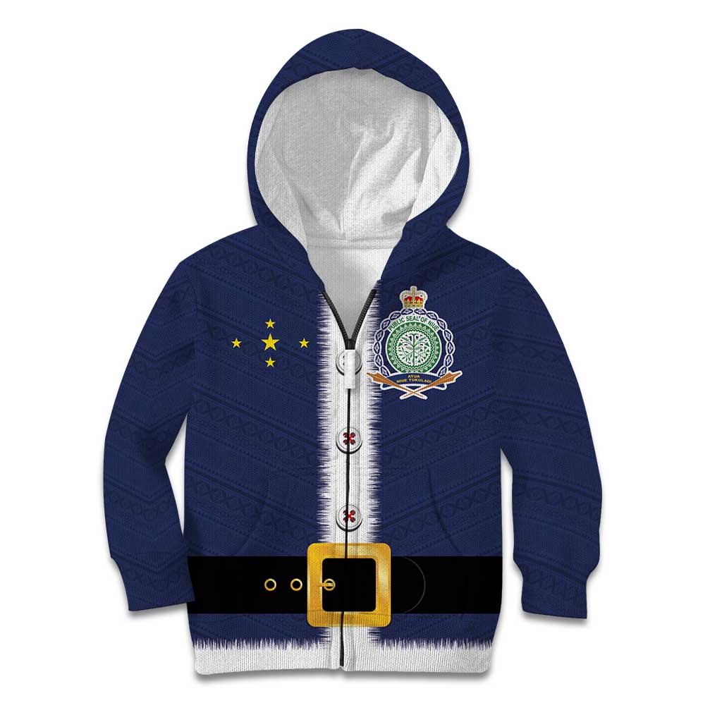 Niue Merry Christmas Kid Hoodie Santa Suit Style With Hiapo Pattern LT03 Zip Hoodie Blue - Polynesian Pride