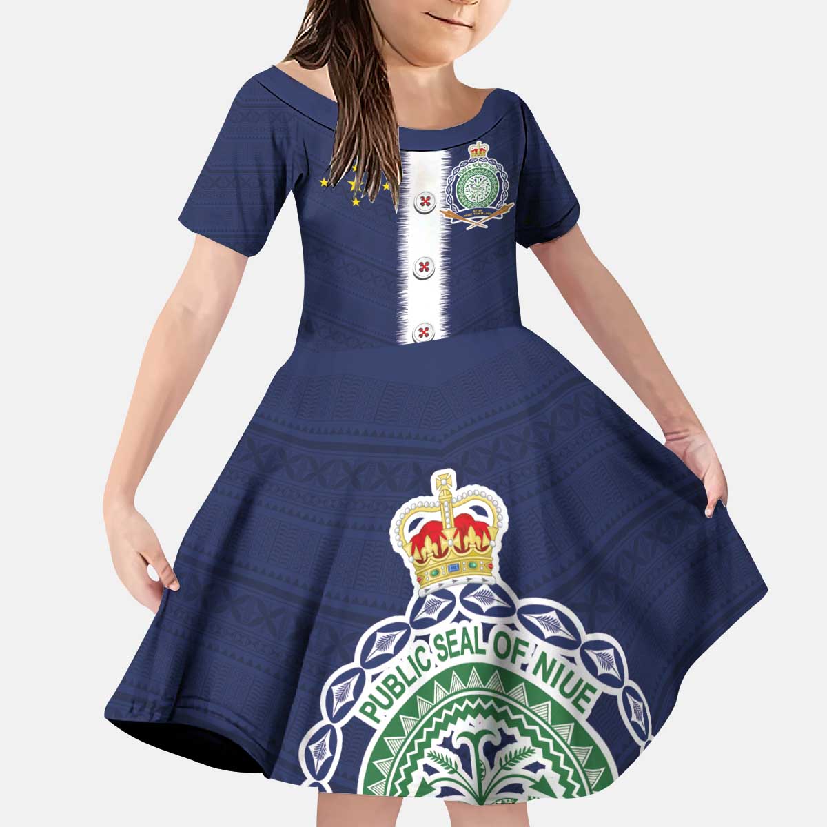 Niue Merry Christmas Kid Short Sleeve Dress Santa Suit Style With Hiapo Pattern LT03 KID Blue - Polynesian Pride