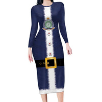 Niue Merry Christmas Long Sleeve Bodycon Dress Santa Suit Style With Hiapo Pattern LT03 Long Dress Blue - Polynesian Pride