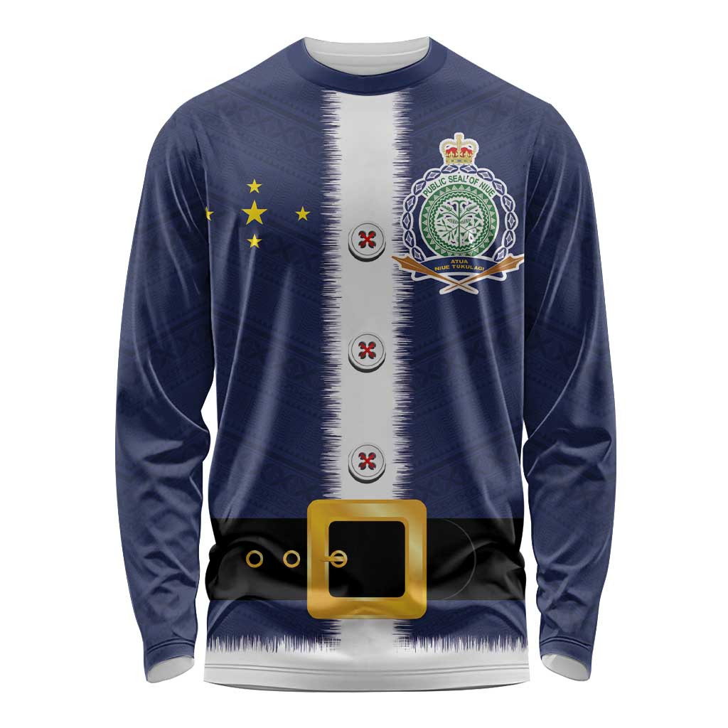 Niue Merry Christmas Long Sleeve Shirt Santa Suit Style With Hiapo Pattern LT03 Unisex Blue - Polynesian Pride