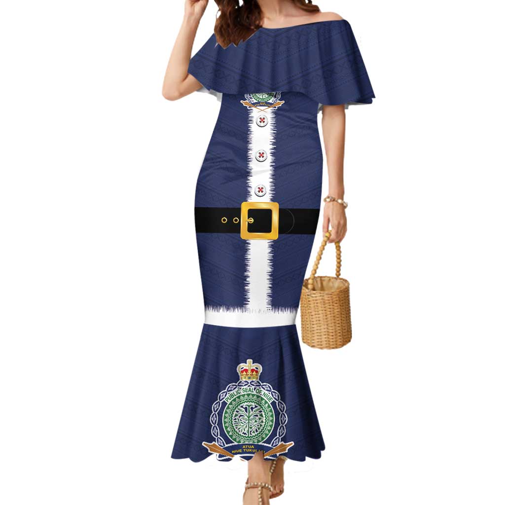 Niue Merry Christmas Mermaid Dress Santa Suit Style With Hiapo Pattern LT03 Women Blue - Polynesian Pride