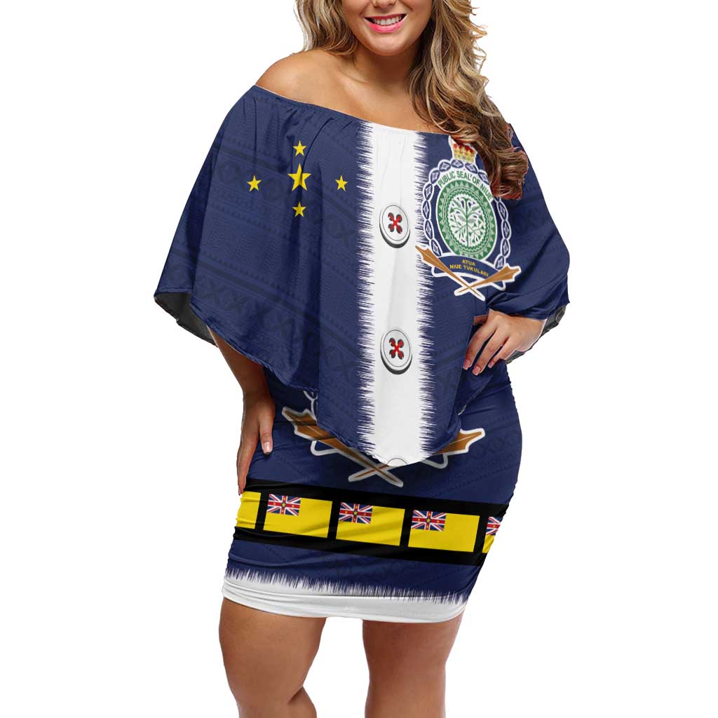 Niue Merry Christmas Off Shoulder Short Dress Santa Suit Style With Hiapo Pattern LT03 Women Blue - Polynesian Pride