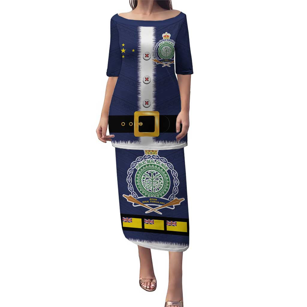 Niue Merry Christmas Puletasi Santa Suit Style With Hiapo Pattern LT03 Long Dress Blue - Polynesian Pride