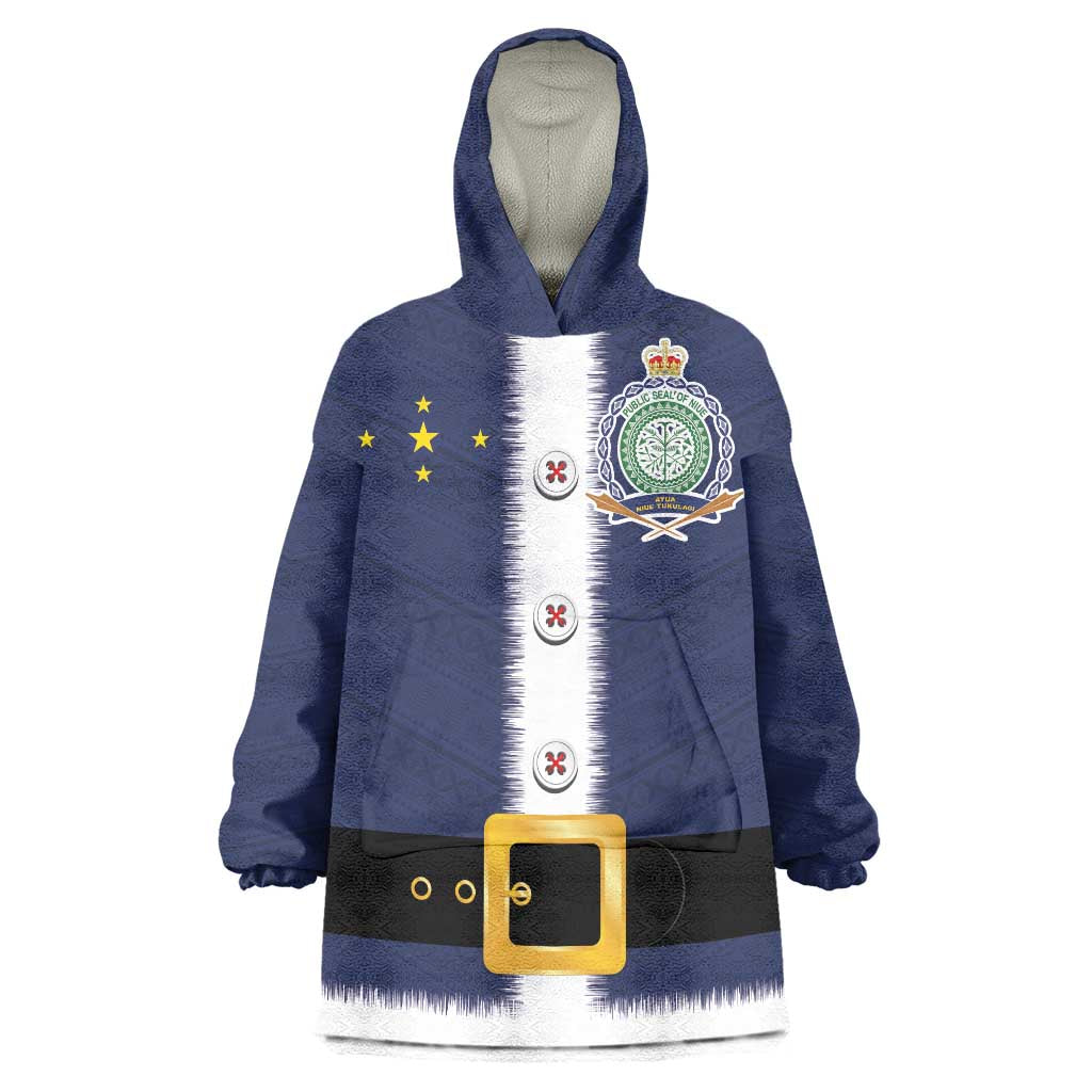 Niue Merry Christmas Wearable Blanket Hoodie Santa Suit Style With Hiapo Pattern LT03 One Size Blue - Polynesian Pride