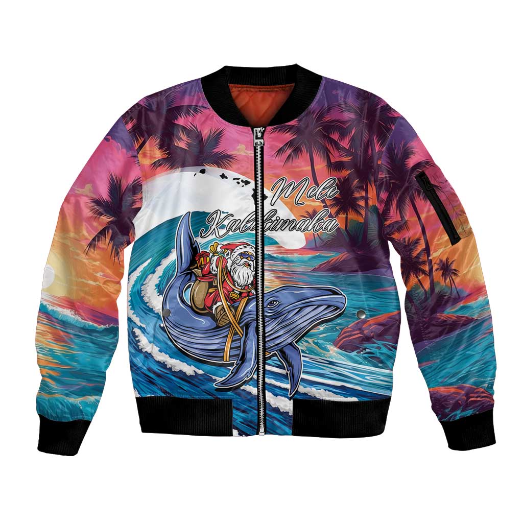 Hawaiian Mele Kalikimaka Sleeve Zip Bomber Jacket Santa Claus Driving The Whale with Sunset Ocean Landscape LT03 Unisex Blue - Polynesian Pride
