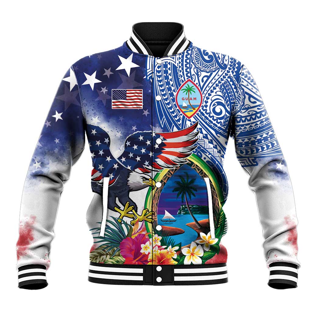 Guam and United States Together Baseball Jacket Bald Eagle and Guam Seal with Flower and Tribal Tattoos LT03 Unisex Multicolor - Polynesian Pride