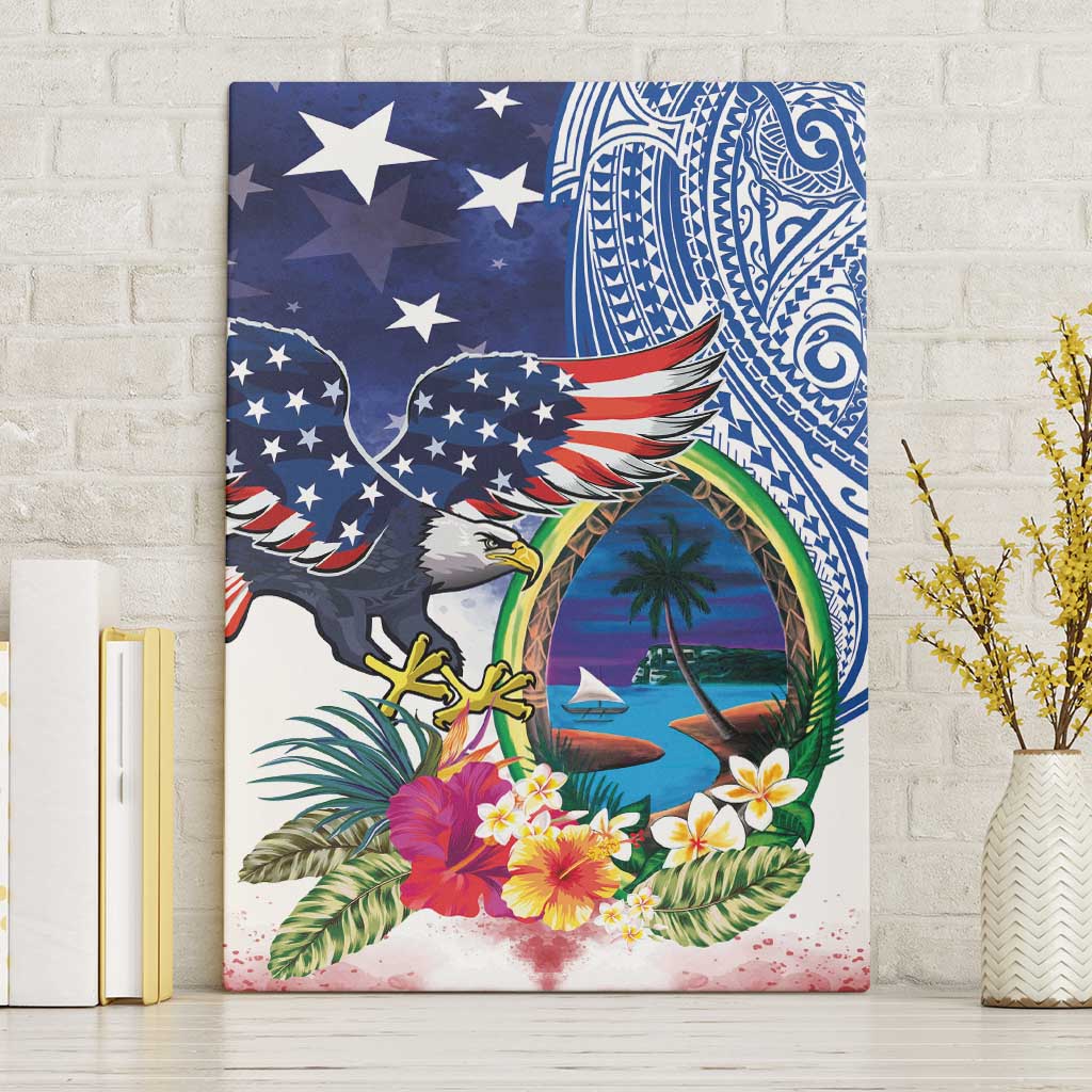 Guam and United States Together Canvas Wall Art Bald Eagle and Guam Seal with Flower and Tribal Tattoos LT03 Without Frame Multicolor - Polynesian Pride