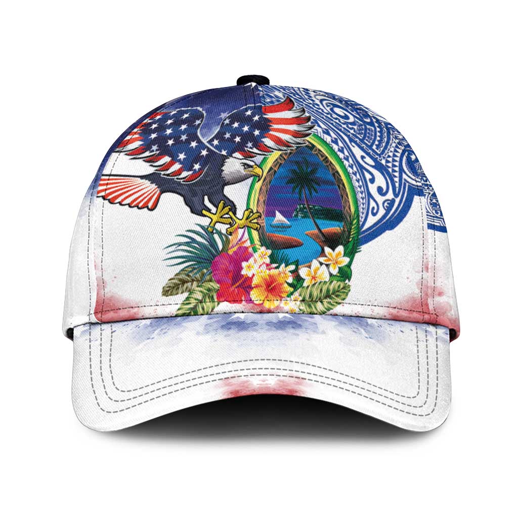 Guam and United States Together Classic Cap Bald Eagle and Guam Seal with Flower and Tribal Tattoos LT03 Universal Fit Multicolor - Polynesian Pride