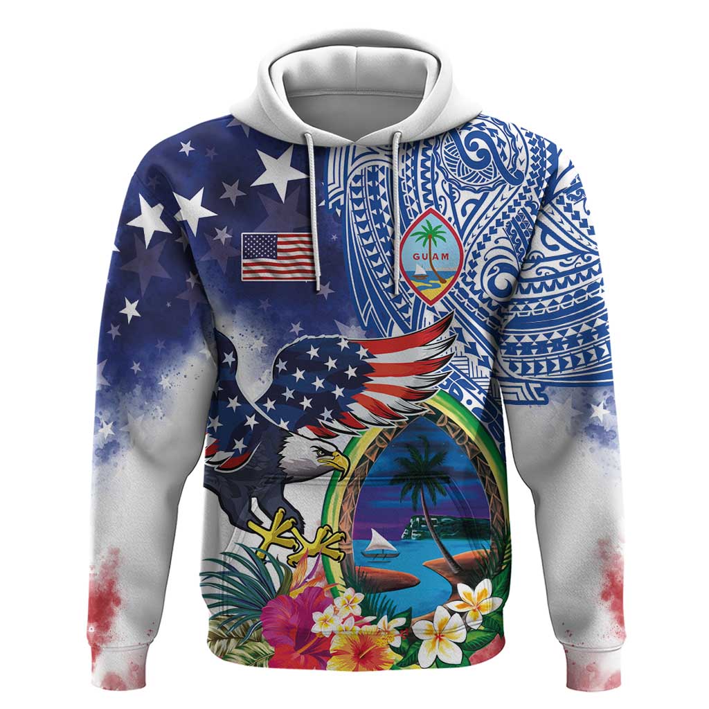 Guam and United States Together Hoodie Bald Eagle and Guam Seal with Flower and Tribal Tattoos LT03 Pullover Hoodie Multicolor - Polynesian Pride
