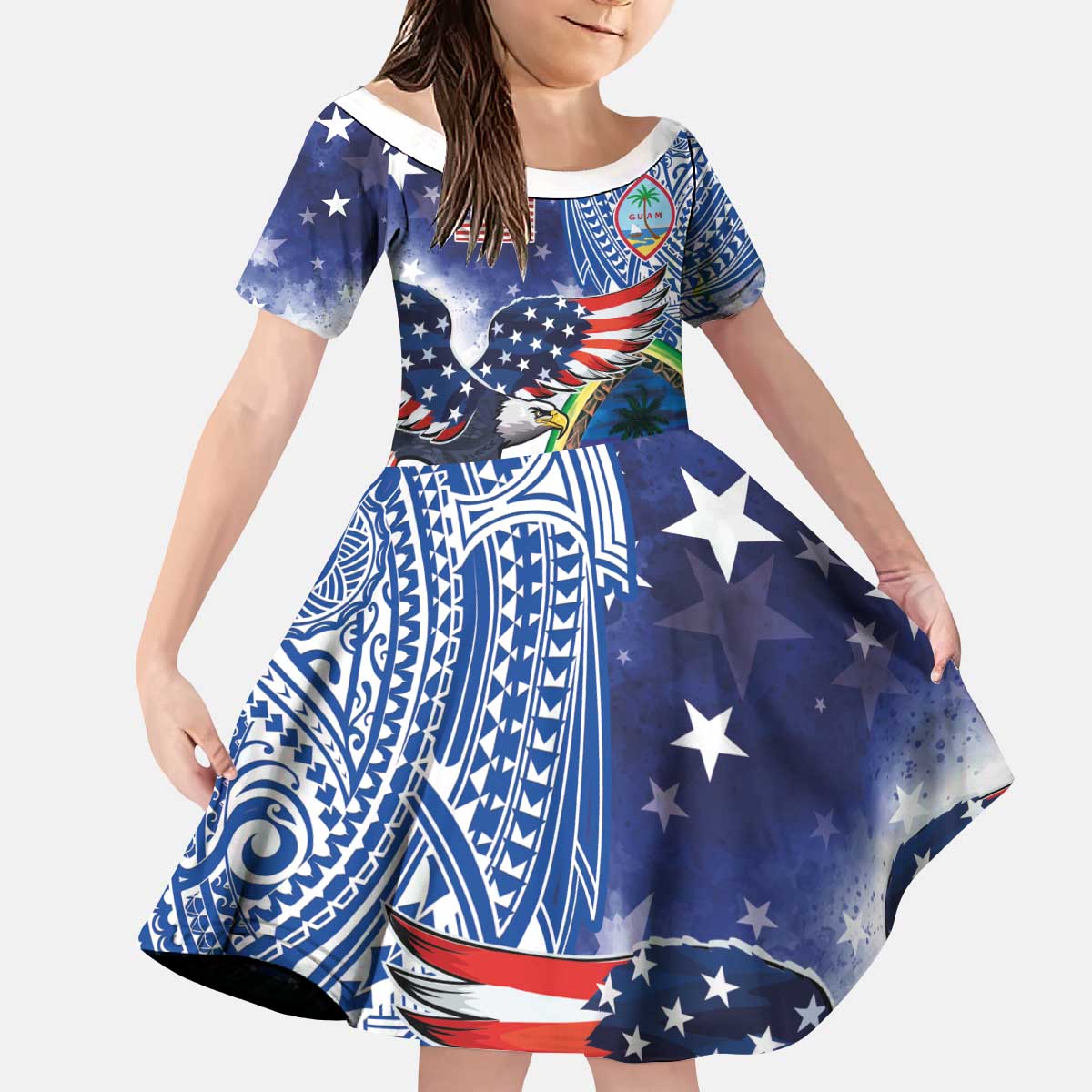 Guam and United States Together Kid Short Sleeve Dress Bald Eagle and Guam Seal with Flower and Tribal Tattoos LT03 KID Multicolor - Polynesian Pride