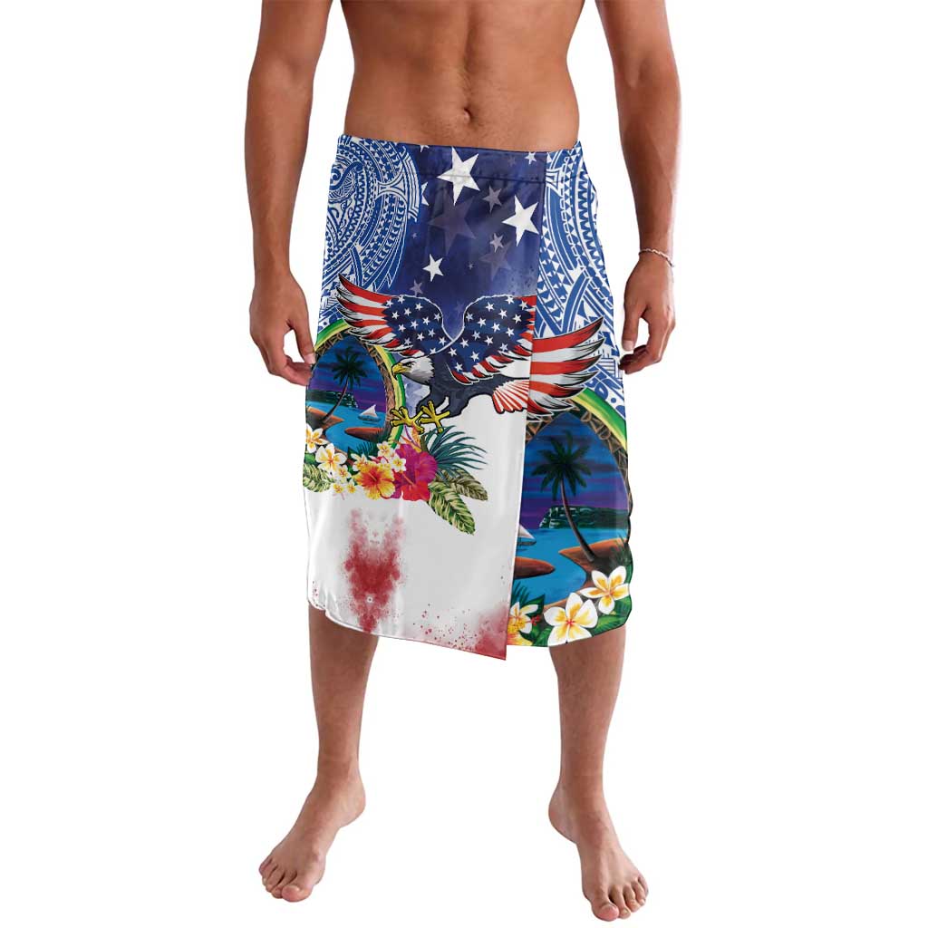 Guam and United States Together Lavalava Bald Eagle and Guam Seal with Flower and Tribal Tattoos LT03 Multicolor - Polynesian Pride