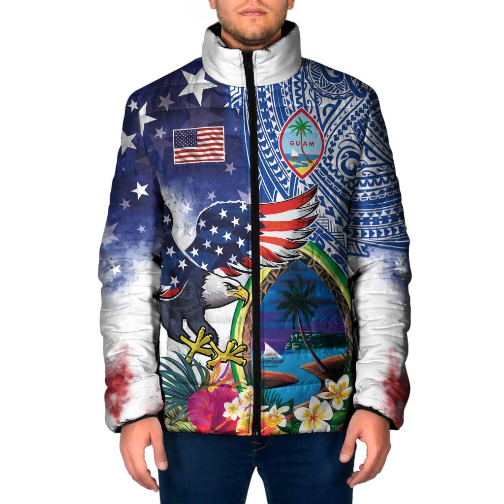 Guam and United States Together Padded Jacket Bald Eagle and Guam Seal with Flower and Tribal Tattoos LT03 Men Multicolor - Polynesian Pride