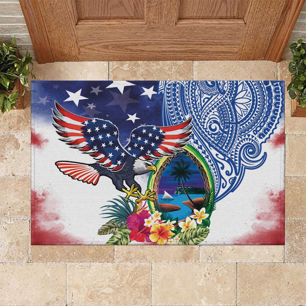 Guam and United States Together Rubber Doormat Bald Eagle and Guam Seal with Flower and Tribal Tattoos LT03 Multicolor - Polynesian Pride