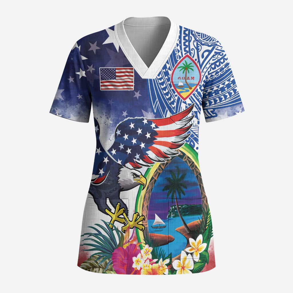 Guam and United States Together Scrub Top Bald Eagle and Guam Seal with Flower and Tribal Tattoos LT03 Adult Multicolor - Polynesian Pride