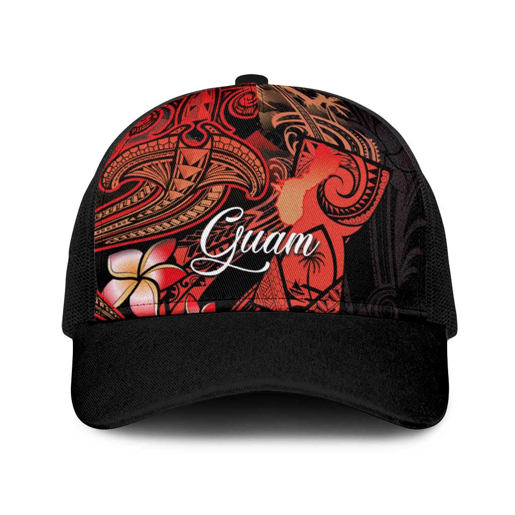 Guam Tribal Chamorro Baseball Net Cap Polynesian Shark with Plumeria and Sea Vibe LT03 One Size Black Black - Polynesian Pride