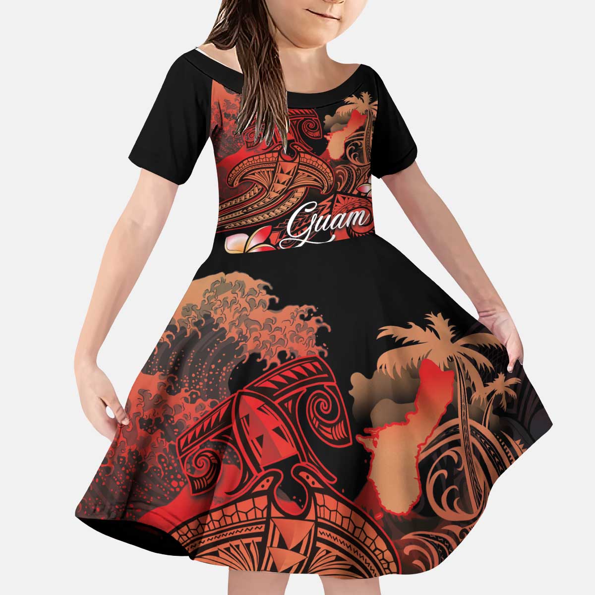 Guam Tribal Chamorro Kid Short Sleeve Dress Polynesian Shark with Plumeria and Sea Vibe LT03 KID Black - Polynesian Pride