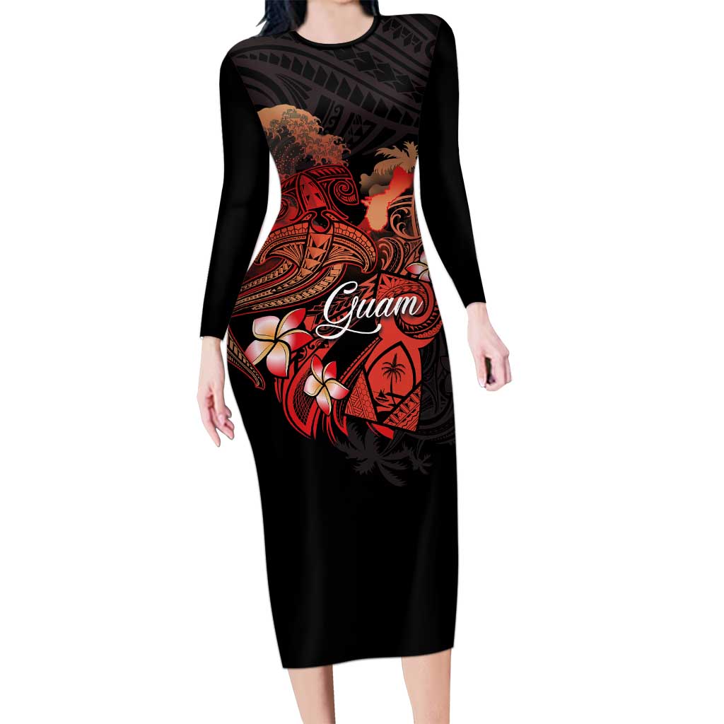 Guam Tribal Chamorro Long Sleeve Bodycon Dress Polynesian Shark with Plumeria and Sea Vibe LT03 Long Dress Black - Polynesian Pride