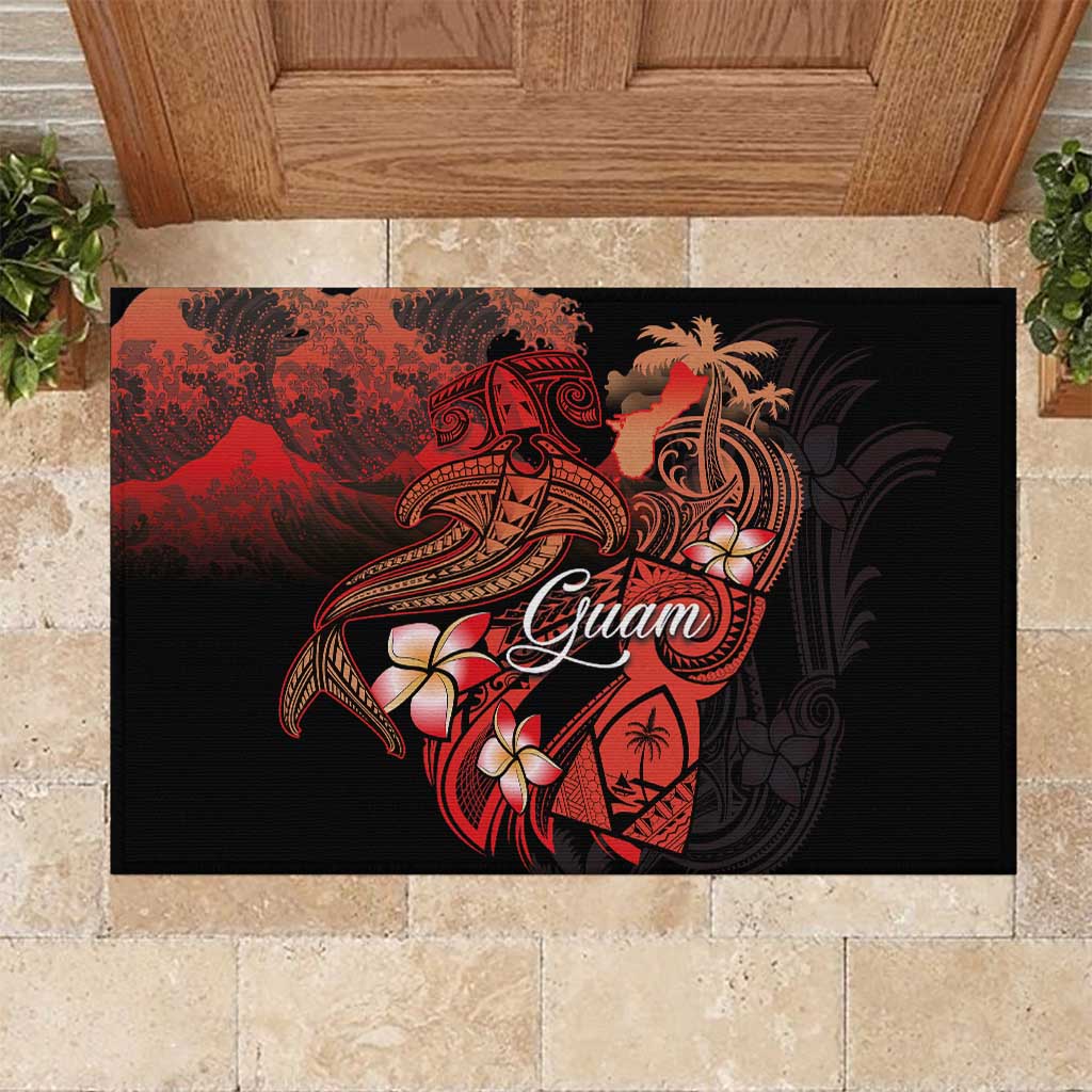 Guam Tribal Chamorro Rubber Doormat Polynesian Shark with Plumeria and Sea Vibe LT03 Black - Polynesian Pride
