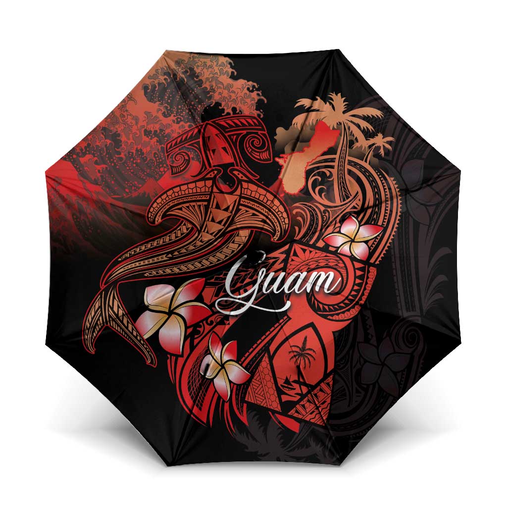 Guam Tribal Chamorro Umbrella Polynesian Shark with Plumeria and Sea Vibe LT03 One Size Folded 11.42 inch Opened Diameter 37.4 inch Black - Polynesian Pride