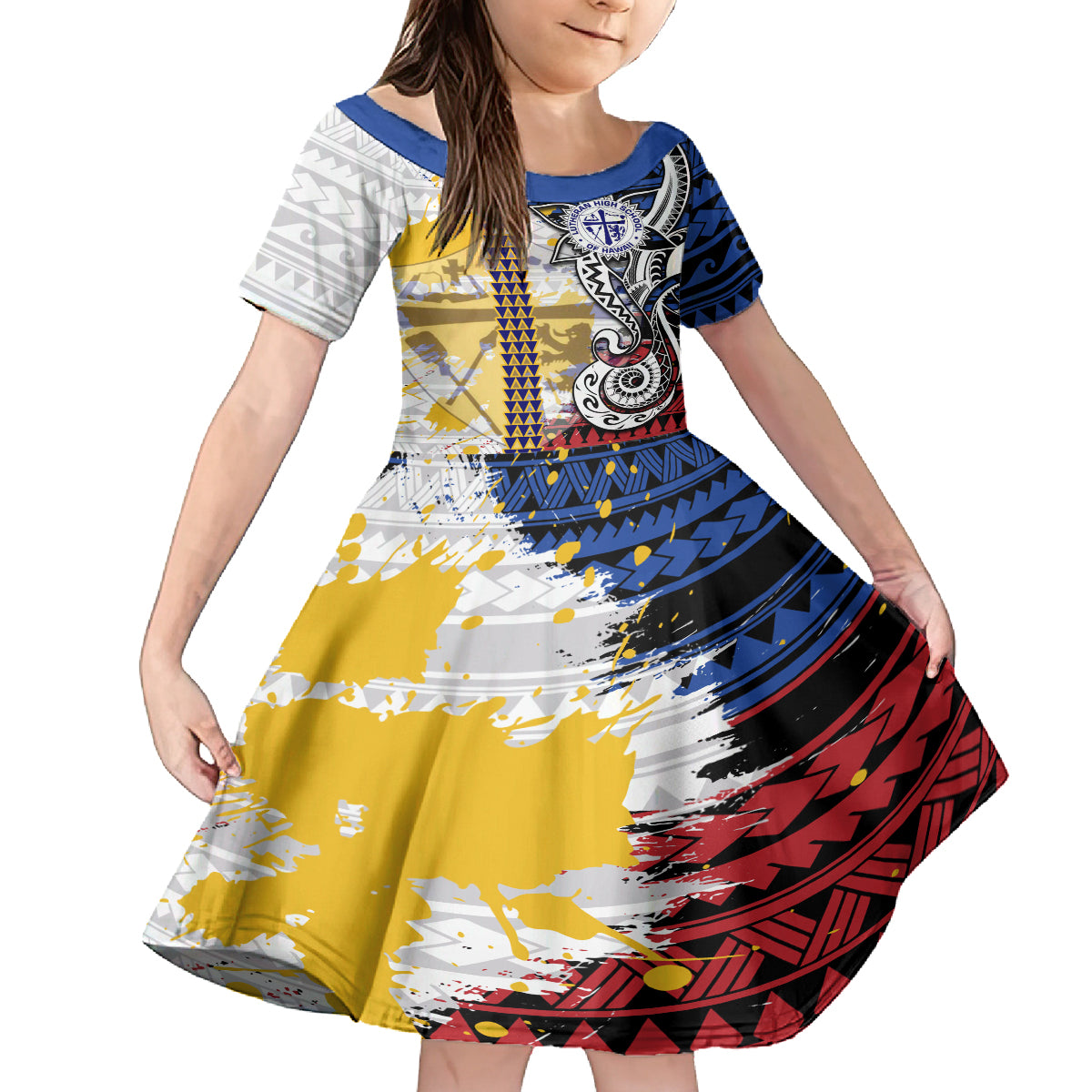 Hawaii Lutheran High School Kid Short Sleeve Dress Kakau Pattern Splash Style LT03 KID Red - Polynesian Pride