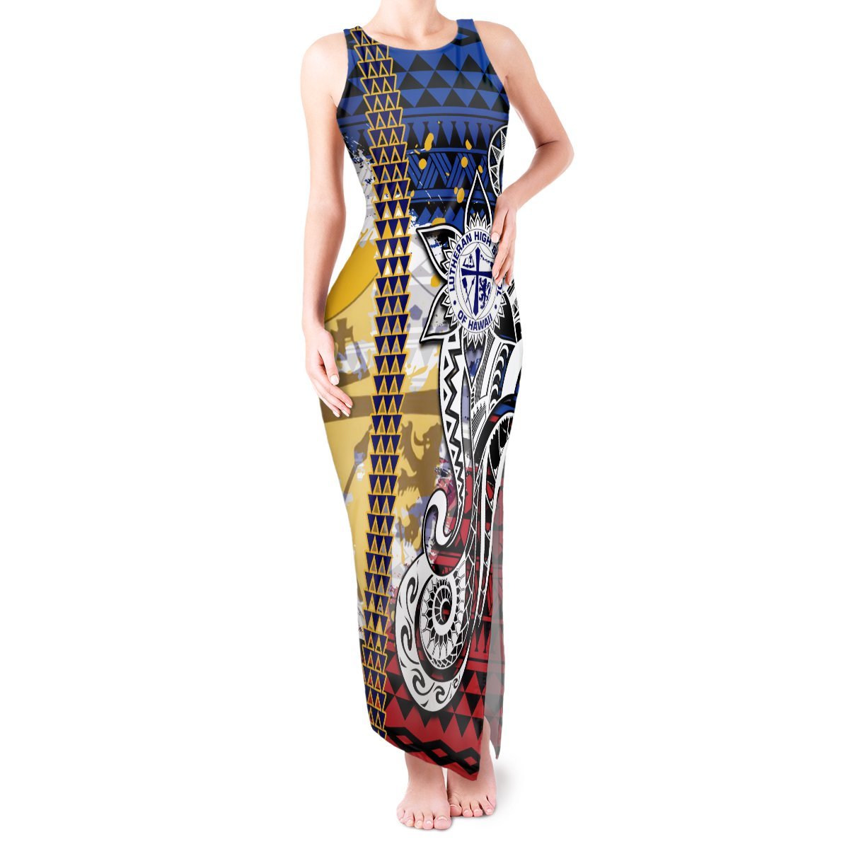 Hawaii Lutheran High School Tank Maxi Dress Kakau Pattern Splash Style LT03 Women Red - Polynesian Pride