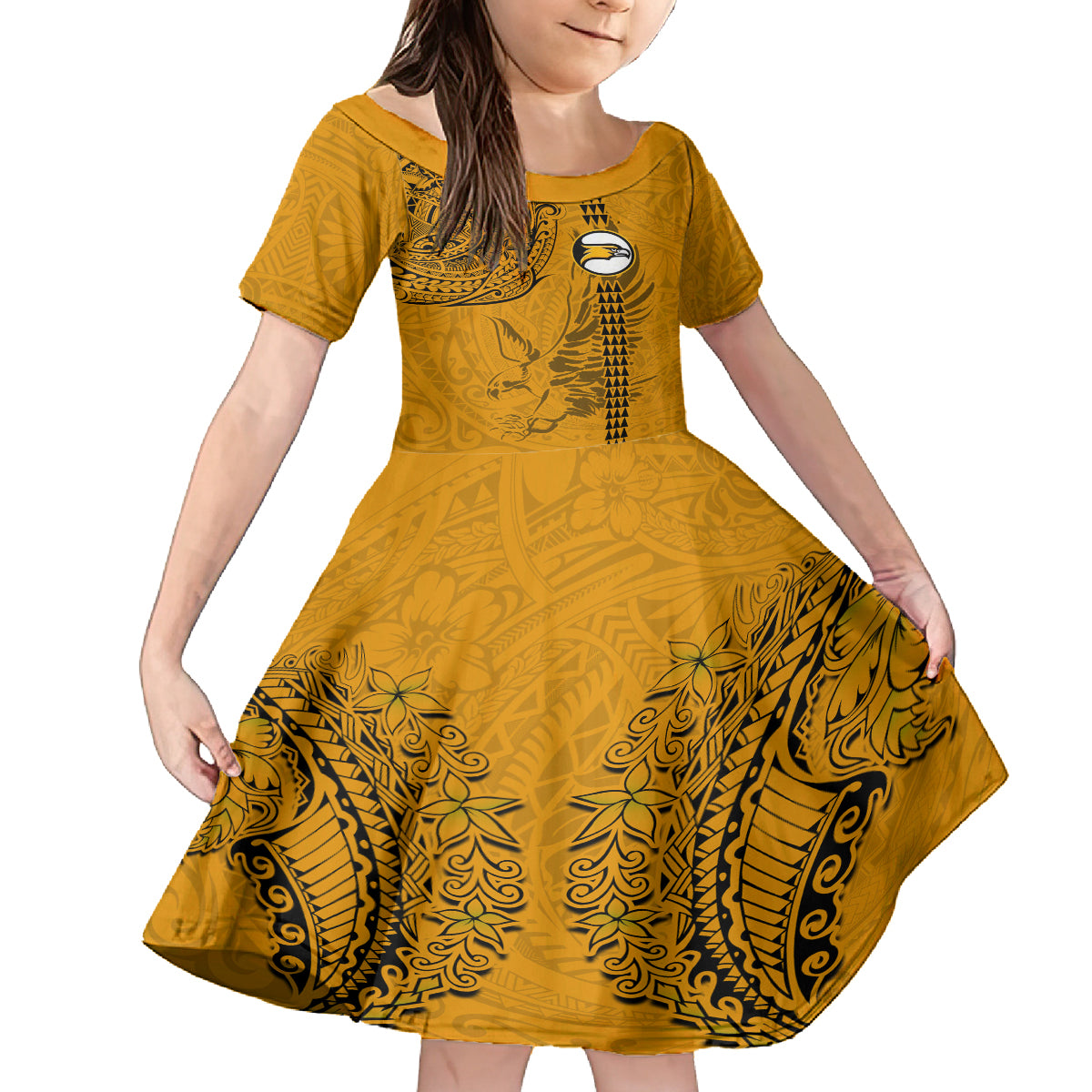 Nanakuli High and Intermediate School Kid Short Sleeve Dress Tribal Kakau Pattern LT03 KID Yellow - Polynesian Pride