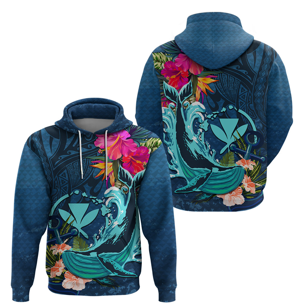 Hawaii Hoodie Whale Mix Hibiscus and Kanaka Maoli Blue Version LT03 - Polynesian Pride