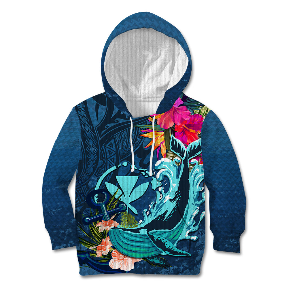 Hawaii Kid Hoodie Whale Mix Hibiscus and Kanaka Maoli Blue Version LT03 Hoodie Blue - Polynesian Pride