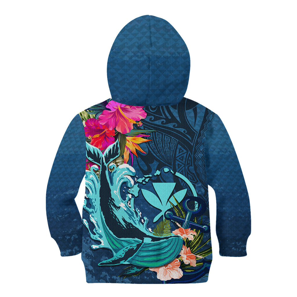 Hawaii Kid Hoodie Whale Mix Hibiscus and Kanaka Maoli Blue Version LT03 - Polynesian Pride