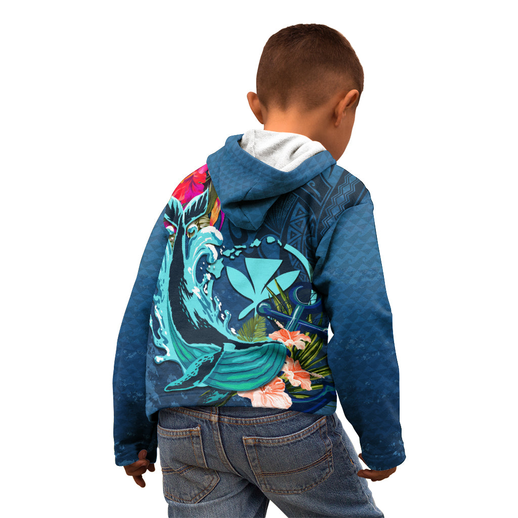 Hawaii Kid Hoodie Whale Mix Hibiscus and Kanaka Maoli Blue Version LT03 - Polynesian Pride