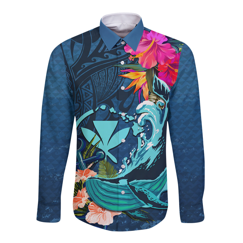 Hawaii Long Sleeve Button Shirt Whale Mix Hibiscus and Kanaka Maoli Blue Version LT03 Unisex Blue - Polynesian Pride