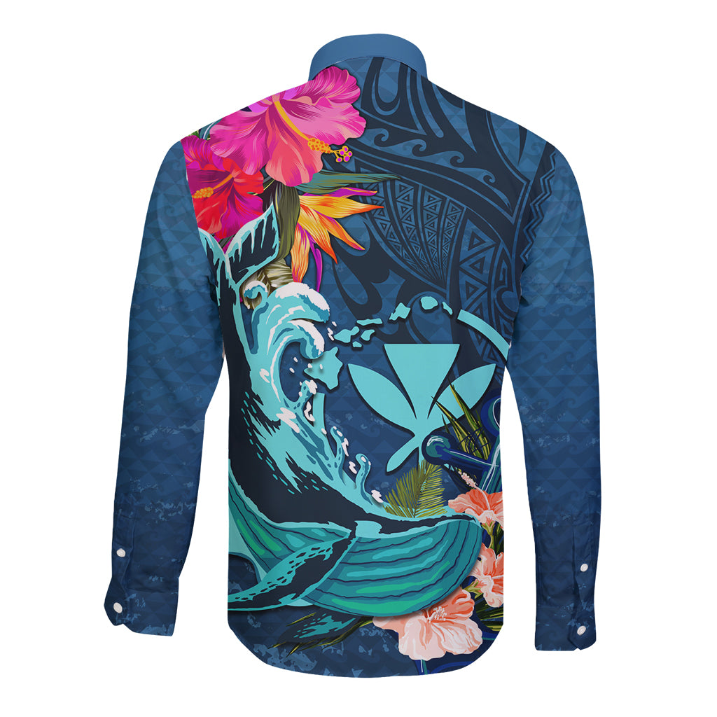 Hawaii Long Sleeve Button Shirt Whale Mix Hibiscus and Kanaka Maoli Blue Version LT03 - Polynesian Pride