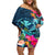 Hawaii Off Shoulder Short Dress Whale Mix Hibiscus and Kanaka Maoli Blue Version LT03 Women Blue - Polynesian Pride