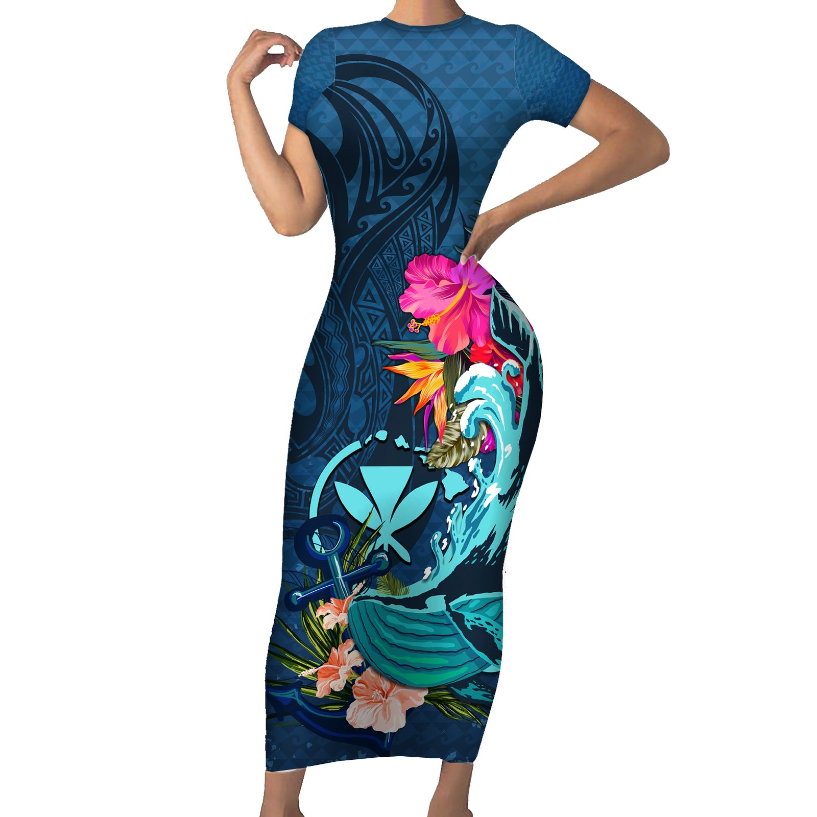 Hawaii Short Sleeve Bodycon Dress Whale Mix Hibiscus and Kanaka Maoli Blue Version LT03 Long Dress Blue - Polynesian Pride