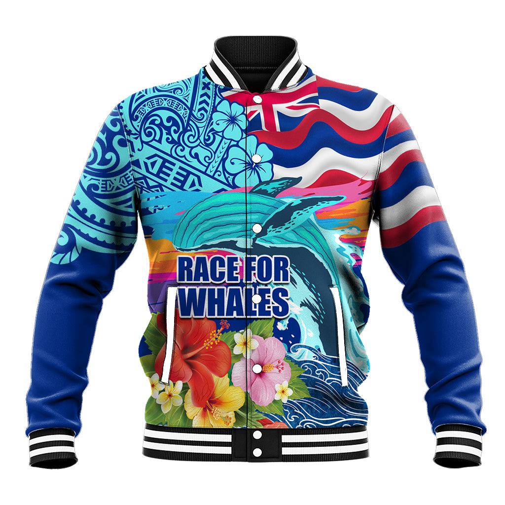 Hawaii Race For Whales Baseball Jacket Flag and Polynesian Hibiscus LT03 Unisex Blue - Polynesian Pride