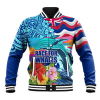 Hawaii Race For Whales Baseball Jacket Flag and Polynesian Hibiscus LT03 Unisex Blue - Polynesian Pride