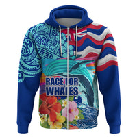 Hawaii Race For Whales Hoodie Flag and Polynesian Hibiscus LT03 Zip Hoodie Blue - Polynesian Pride