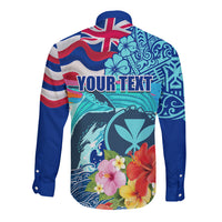 Hawaii Race For Whales Long Sleeve Button Shirt Flag and Polynesian Hibiscus LT03 - Polynesian Pride