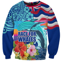 Hawaii Race For Whales Sweatshirt Flag and Polynesian Hibiscus LT03 Unisex Blue - Polynesian Pride