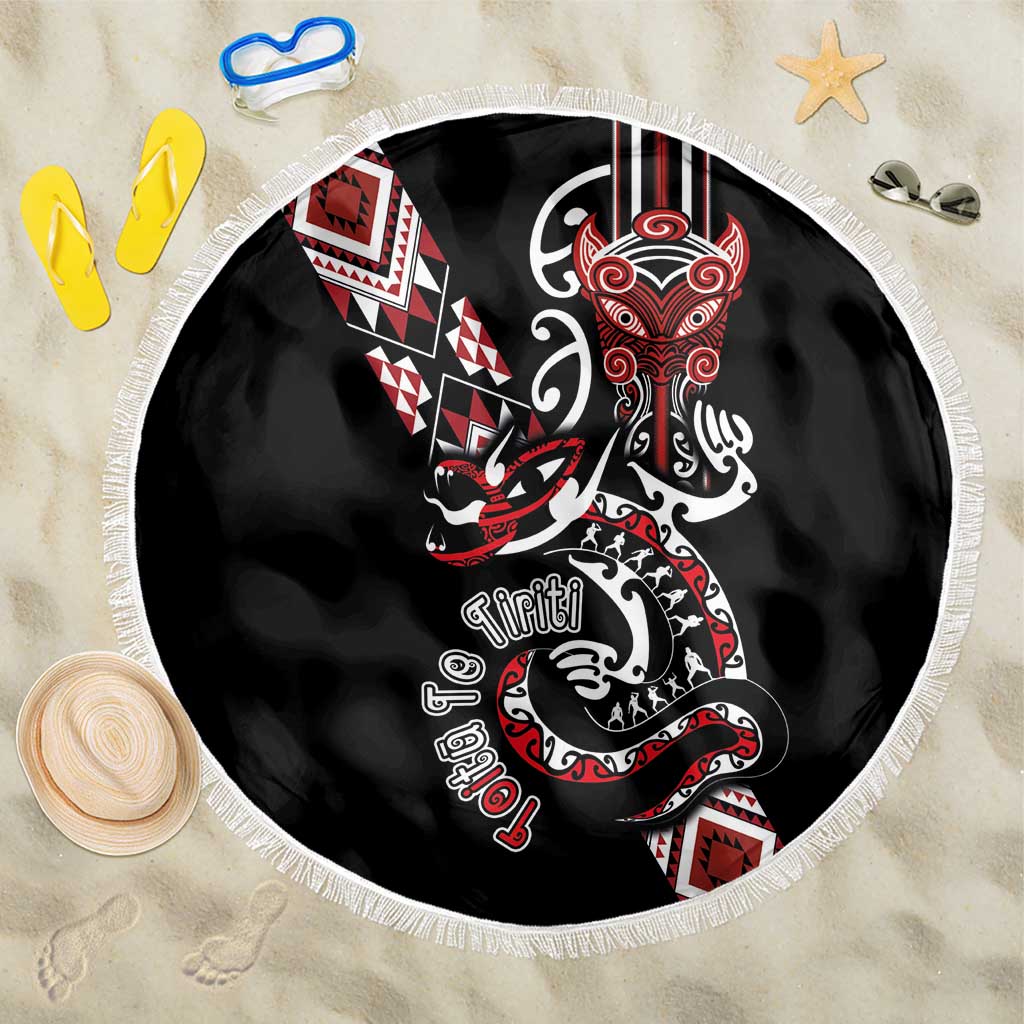 Aotearoa Toitu Te Tiriti-Honour the Treaty Beach Blanket Maori Taniwha Haka with Taniko and Tukutuku LT03 One Size 150cm Black - Polynesian Pride