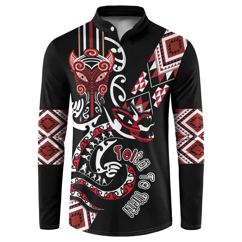 Aotearoa Toitu Te Tiriti-Honour the Treaty Button Sweatshirt Maori Taniwha Haka with Taniko and Tukutuku LT03 Black - Polynesian Pride