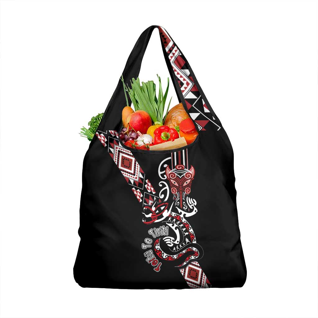 Aotearoa Toitu Te Tiriti-Honour the Treaty Grocery Bag Maori Taniwha Haka with Taniko and Tukutuku LT03 1-pack One Size Black - Polynesian Pride