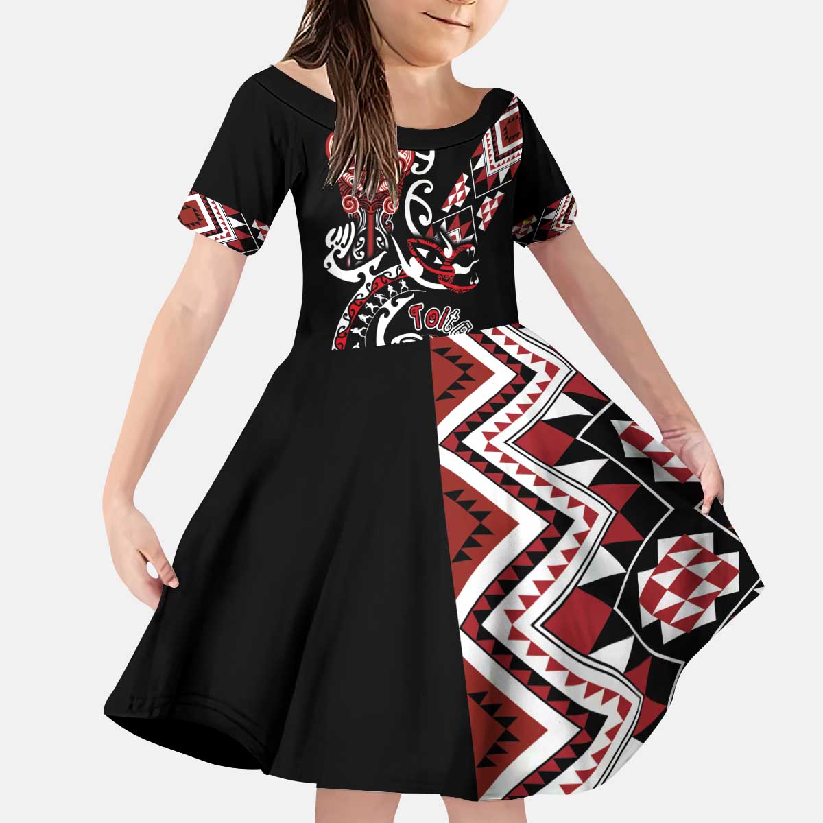 Aotearoa Toitu Te Tiriti-Honour the Treaty Kid Short Sleeve Dress Maori Taniwha Haka with Taniko and Tukutuku LT03 KID Black - Polynesian Pride